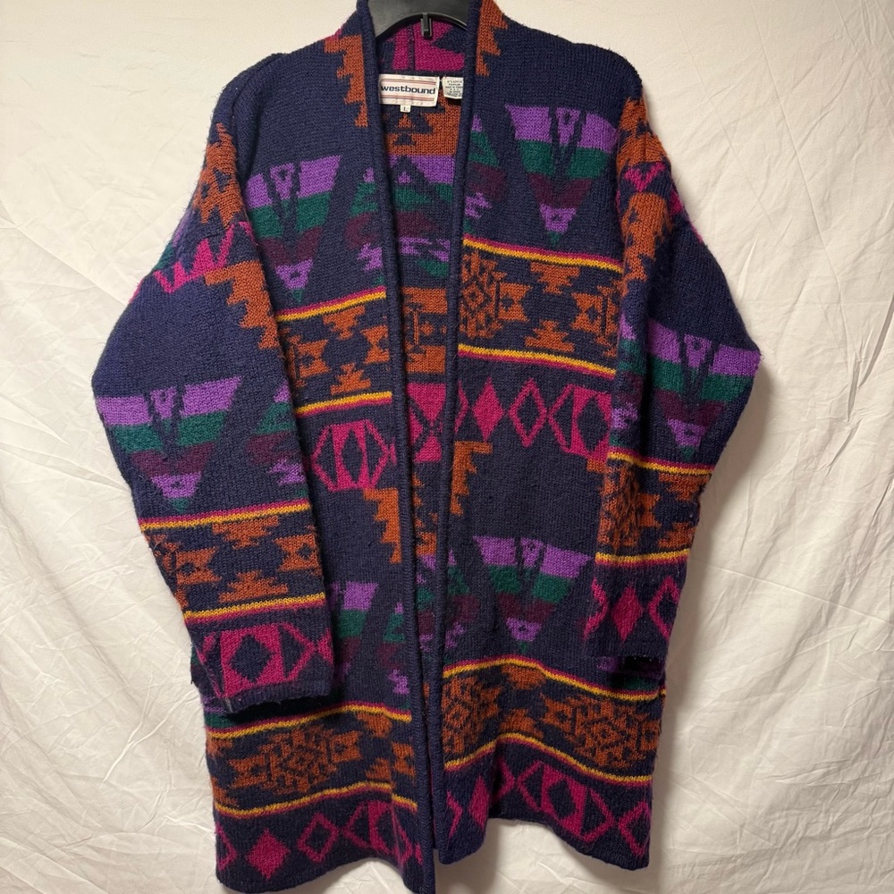 Westbound Vintage Western Aztec Long Line Cardigan Size L with‎ Pockets Colorful